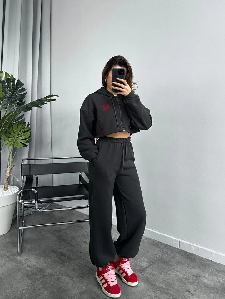 Ladies Cropped Hooded Zip Set with Heart Embroidery and Wide High-Waist Jogging Pants Mune Fashion