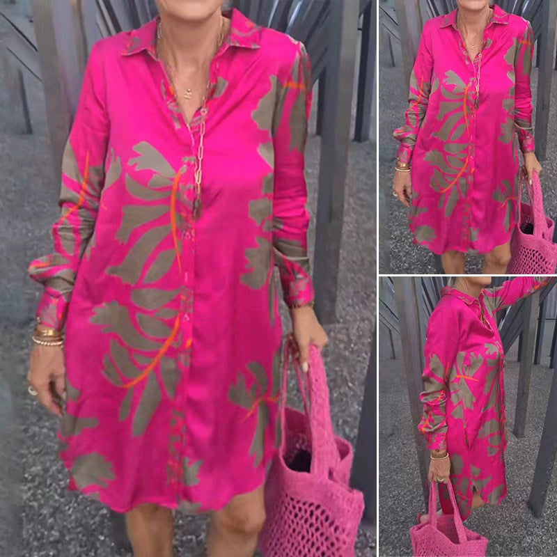 Women's short tunic shirt dress in satin look with large leaf print, shirt collar and loose A-line Mune Fashion