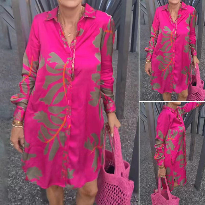 Women's short tunic shirt dress in satin look with large leaf print, shirt collar and loose A-line Mune Fashion