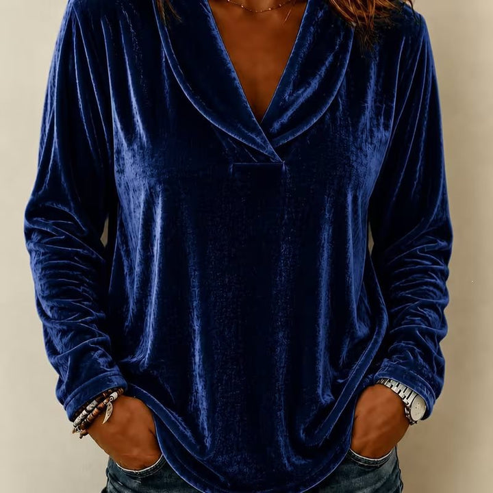 Ladies Velour Long Sleeve with Deep Shawl Collar and Rounded Hem Mune Fashion