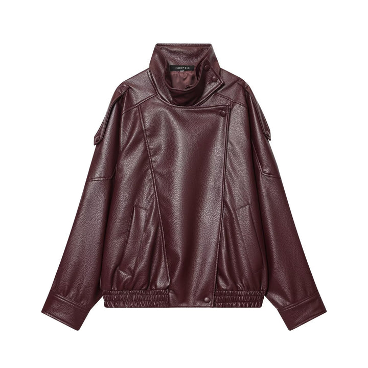 Ladies short-cut faux leather pilot jacket with high stand-up collar and shoulder straps Mune Fashion