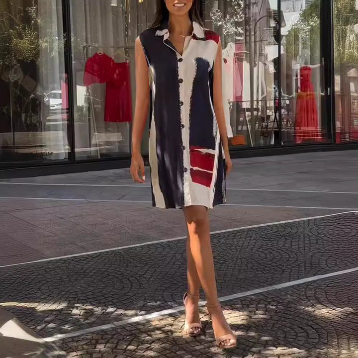 Women's sleeveless shirt tunic dress with collar, full button placket and graphic block print Mune Fashion
