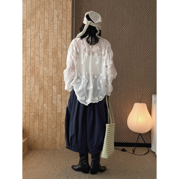 Women's Transparent Blouse with 3D Flower Embroidery, Shirt Collar and Button Placket Mune Fashion