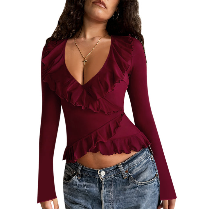 Women's long sleeve shirt with deep V-neck, asymmetric ruffles, and fitted peplum Mune Fashion