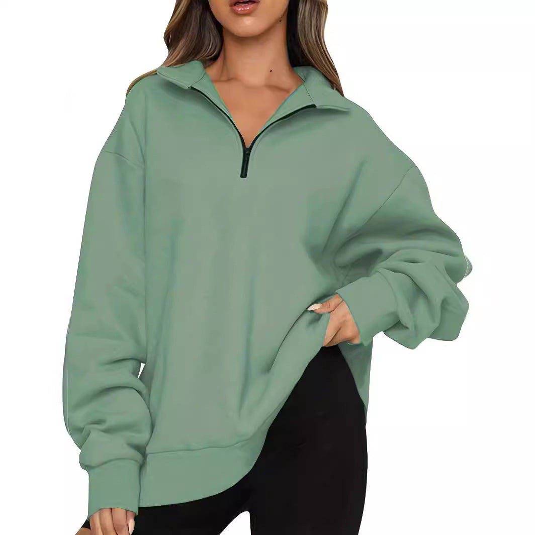 Women nan Oversized Sweatshirt with Short Zip, Stand-up Collar and Kangaroo Pocket Mune Fashion
