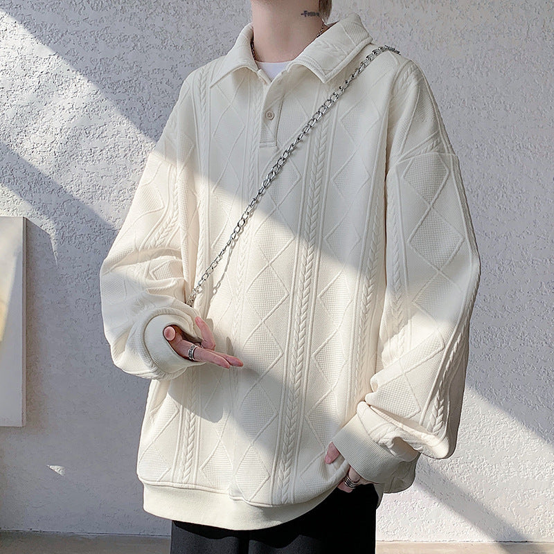 Men's Oversize Polo Knit Sweater with Diamond and Cable Knit Structure Mune Fashion