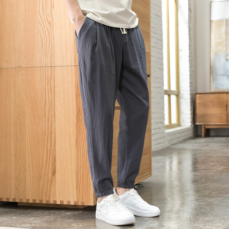 Men's Relaxed-Fit Linen Blend Jogging Pants with Pleats, Drawstring, and Elastic Cuffs Mune Fashion