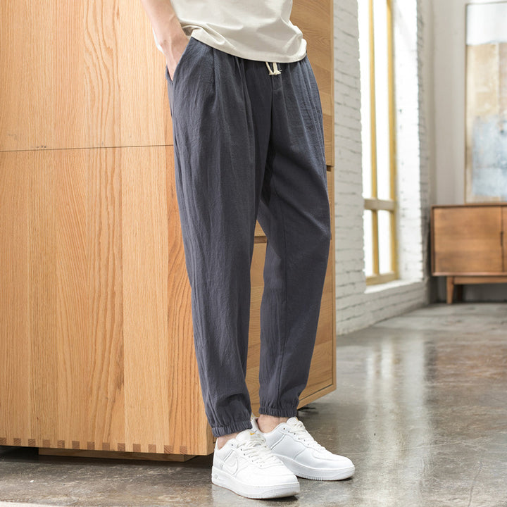 Men's Relaxed-Fit Linen Blend Jogging Pants with Pleats, Drawstring, and Elastic Cuffs Mune Fashion