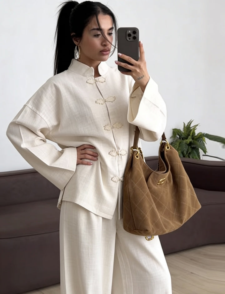 Women's Oversized Chinese Collar Blouse with Traditional Knot Closures and Wide Sleeves Mune Fashion