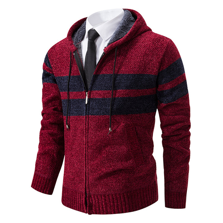 Men's knitted hoodie jacket with teddy lining, concealed zipper and contrast stripes Mune Fashion