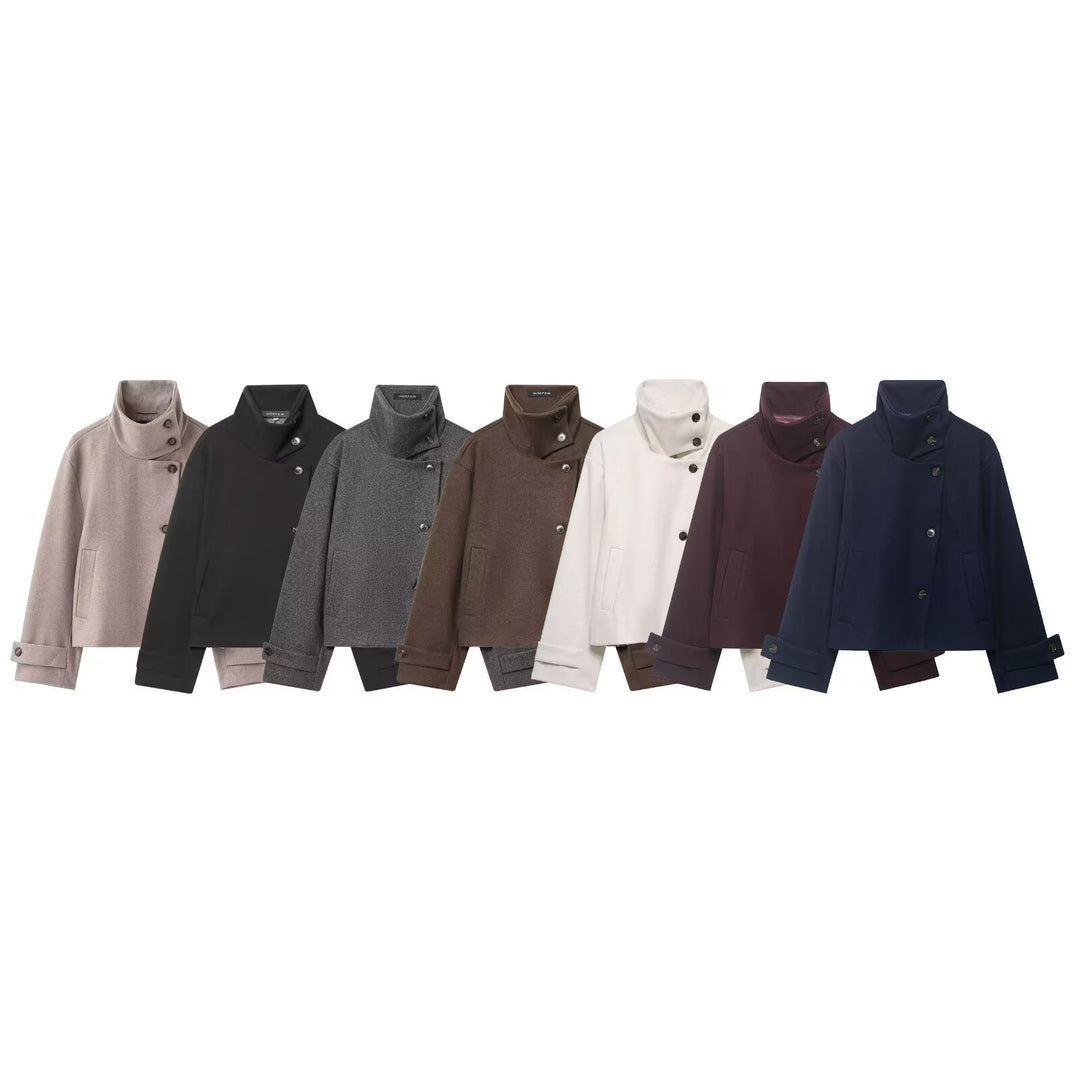 Women's Short Boxy Wool Coat with Asymmetrical Button Placket and Stand-up Collar Mune Fashion