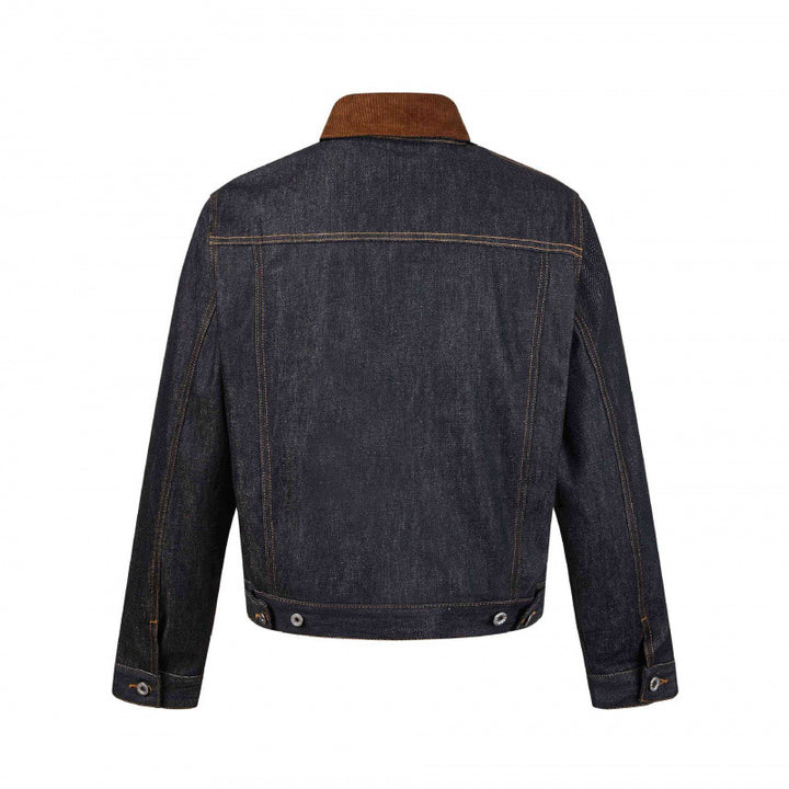 Men's Boxy Denim Jacket with Corduroy Collar and Checked Lining Mune Fashion