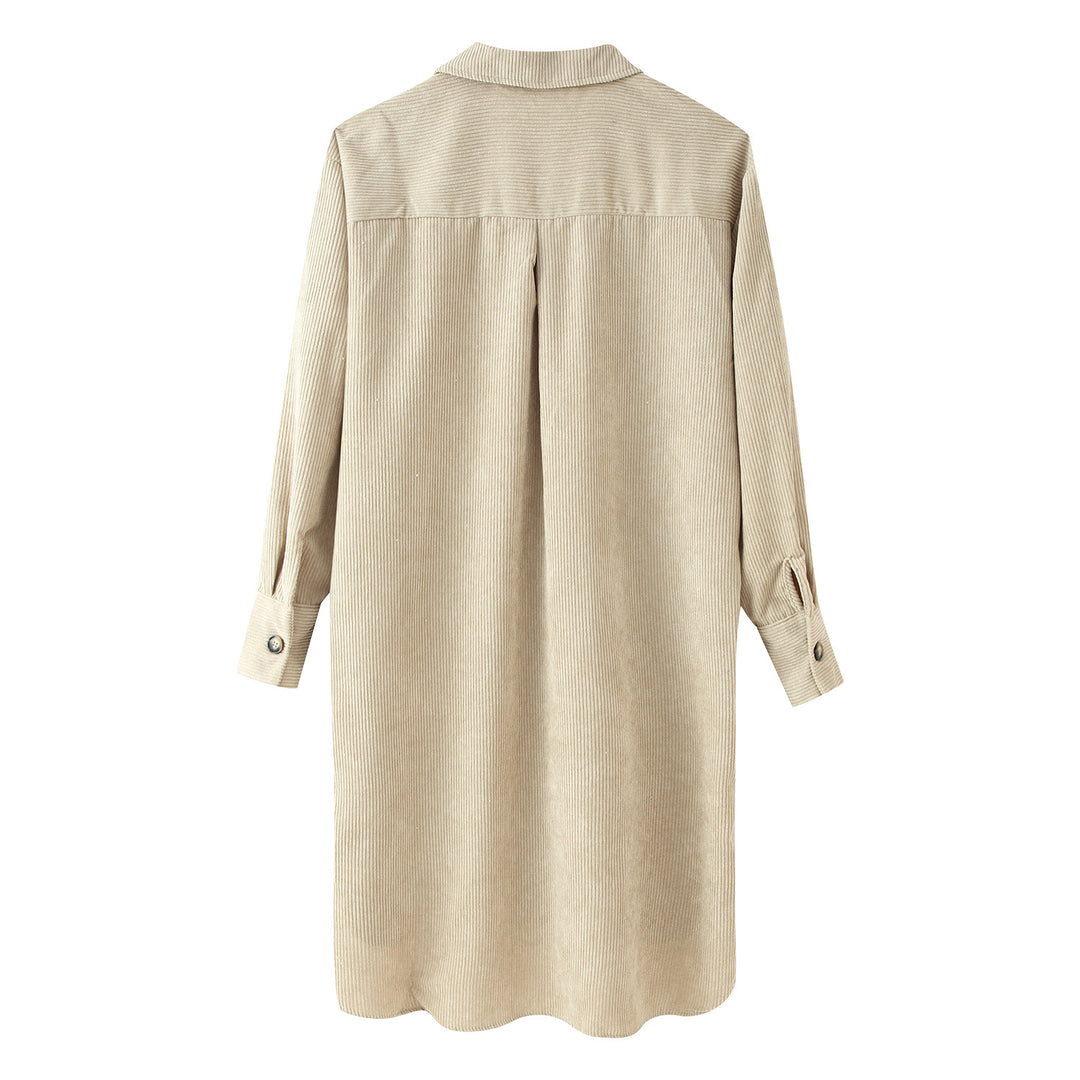 Women's Long Shirt Dress Made of Cord Rib with Continuous Button Placket, Shirt Collar, and Rounded Hem Mune Fashion