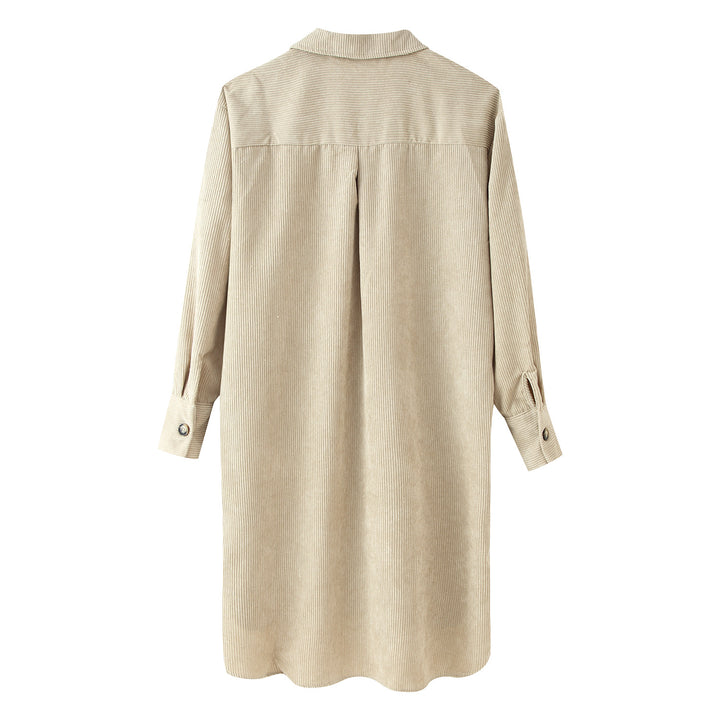 Women's Long Shirt Dress Made of Cord Rib with Continuous Button Placket, Shirt Collar, and Rounded Hem Mune Fashion