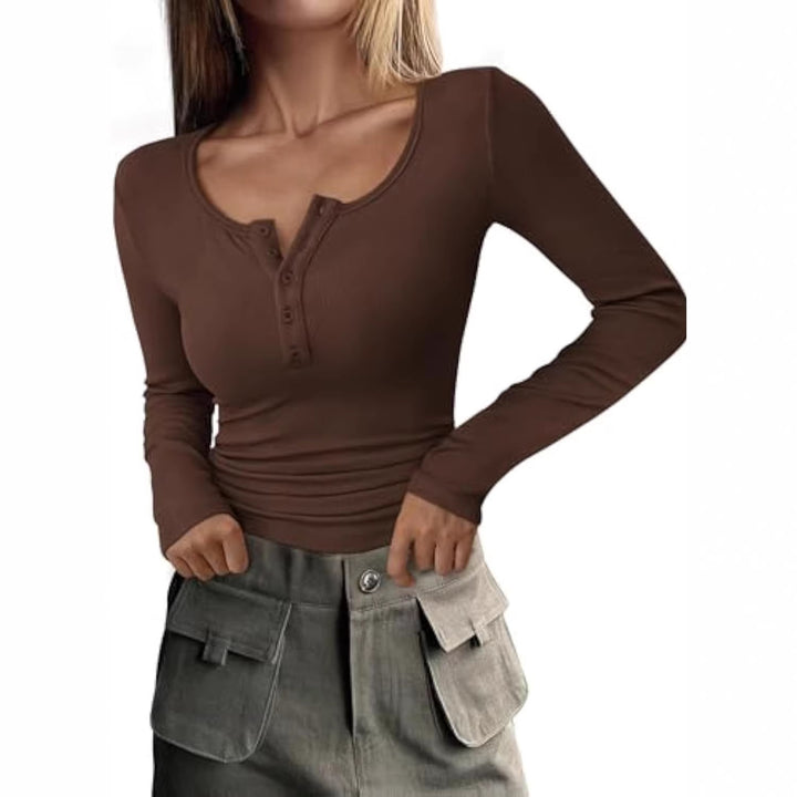 Women Long Sleeve Ribbed Shirt with Henley Button Placket and Tailored Fit Drune