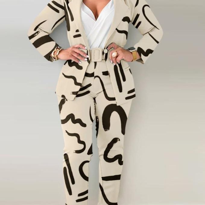 Women's tailoring set with animal print lapel, tailored belt blazer and high-waist slim pants Mune Fashion