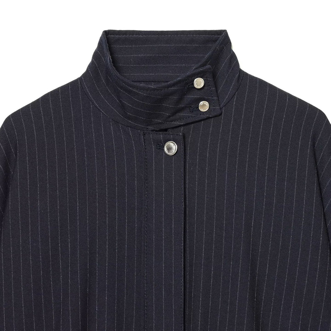 Ladies Short Pinstripe Blouson Jacket with Stand Collar, Balloon Sleeves and Elastic Hem Mune Fashion