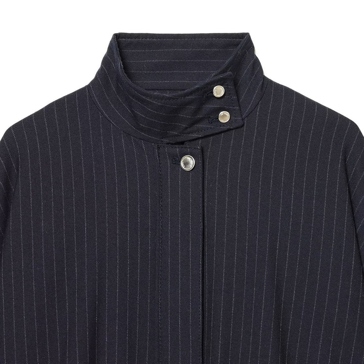 Ladies Short Pinstripe Blouson Jacket with Stand Collar, Balloon Sleeves and Elastic Hem Mune Fashion