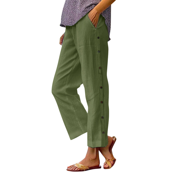 Women's Cropped Wide-Leg Button-Trim Linen-Blend Casual Pants Mune Fashion