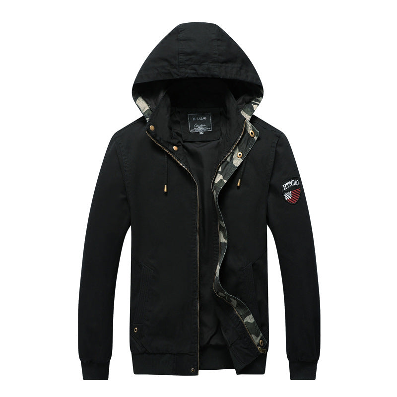 Men's Hooded Canvas Jacket in Military Utility Style with Camouflage Cuff and Ribbed Hem Mune Fashion