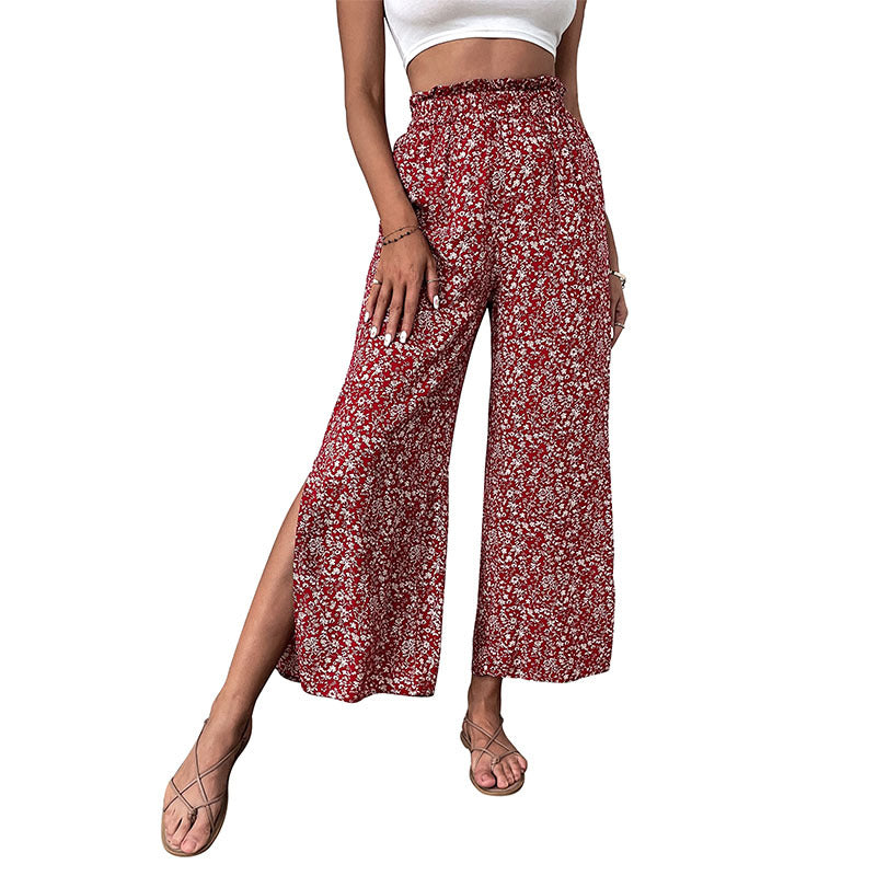 Women's Light High-Waist Palazzo Pants with Elastic Waistband, Floral Print and Side Leg Split Mune Fashion