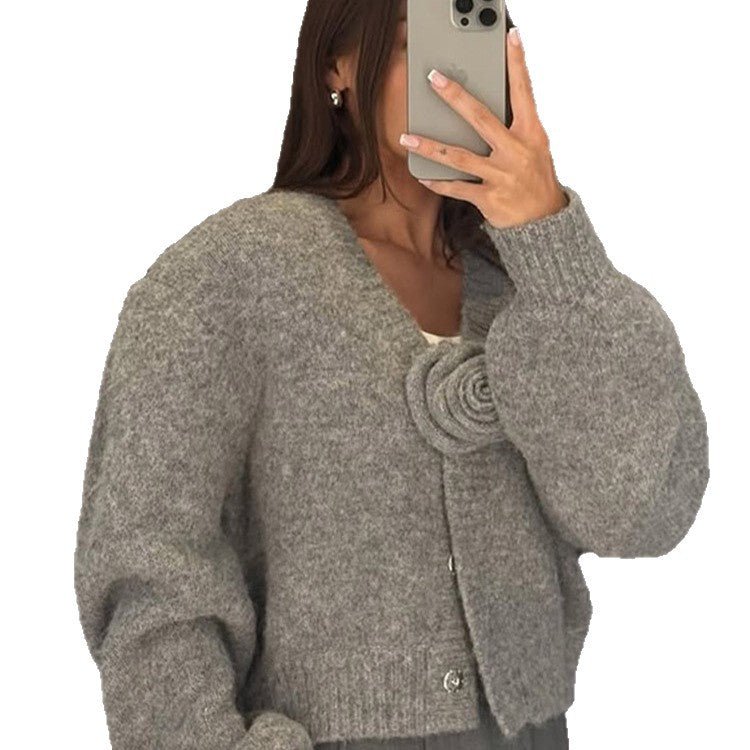 Women's Short Mohair Cardigan with Rose Appliqué and Boxy Silhouette Mune Fashion