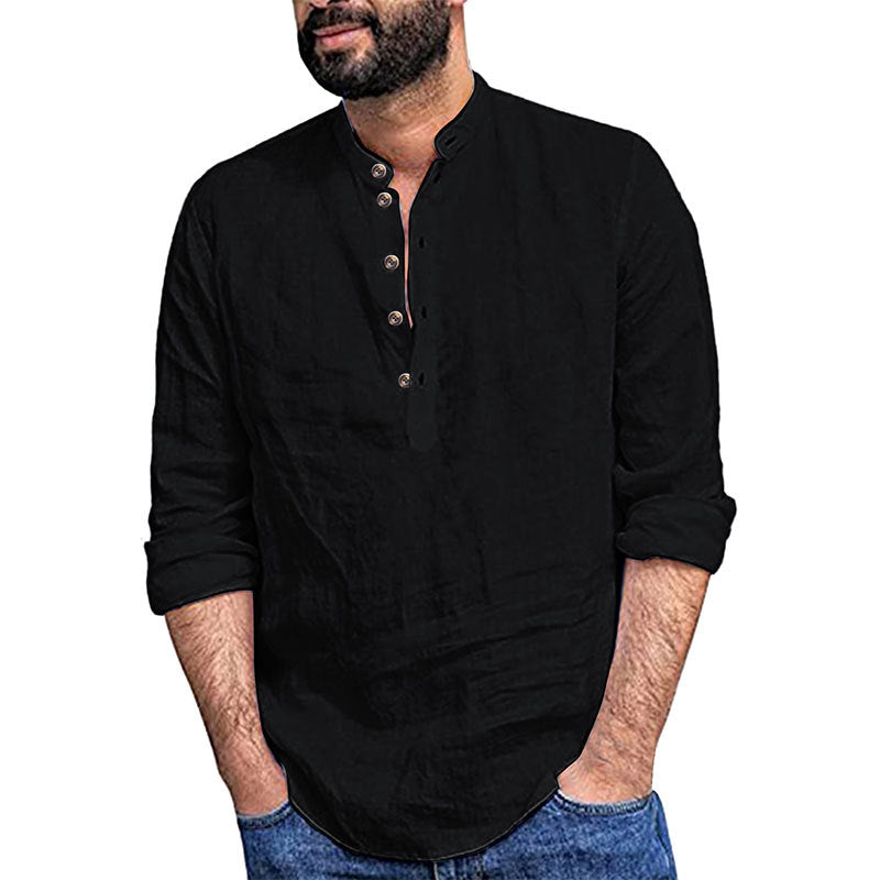 Men's relaxed long sleeve Henley shirt made of breathable linen blend with stand-up collar Mune Fashion