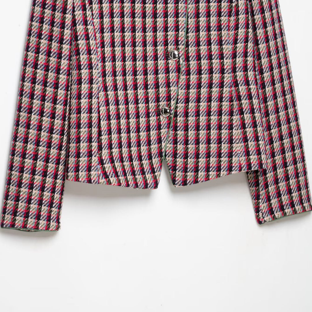 Women Short Blazer Jacket in Boucle Tweed with Stand Collar and Shoulder Pads Mune Fashion