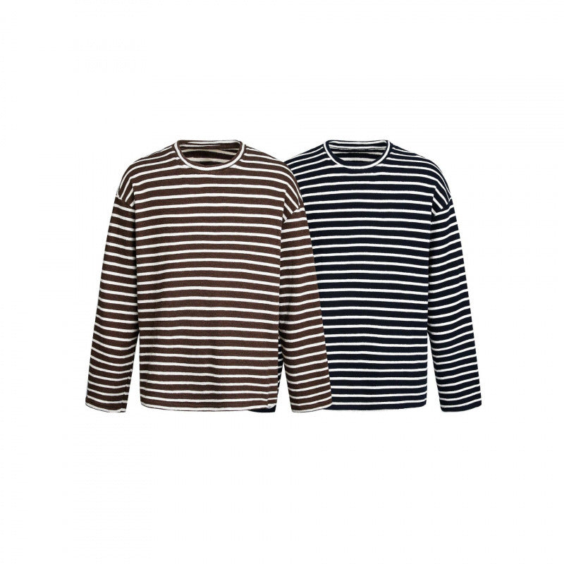 Unisex Maritime Striped Knit Shirt with Loose Fit and Round Neck Mune Fashion
