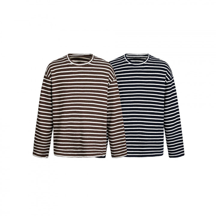 Unisex Maritime Striped Knit Shirt with Loose Fit and Round Neck Mune Fashion