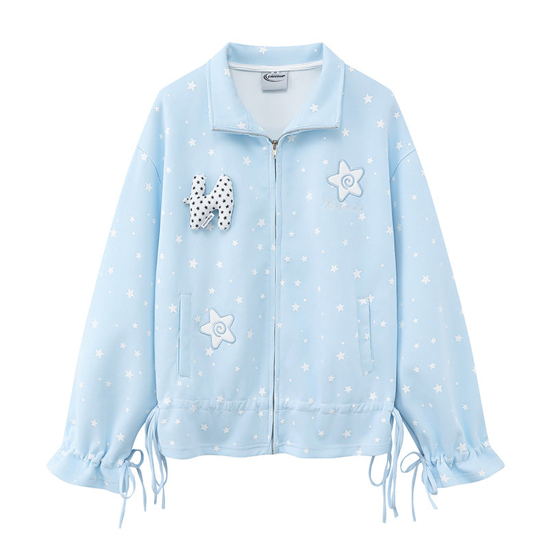 Women's lightweight stand collar sweat jacket with all-over stars, appliques and drawstring Mune Fashion
