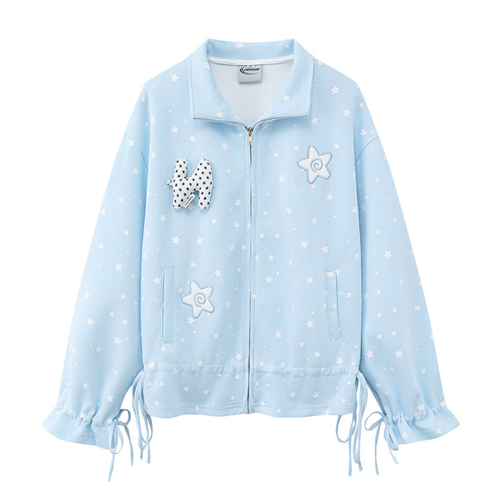 Women's lightweight stand collar sweat jacket with all-over stars, appliques and drawstring Mune Fashion