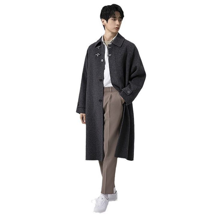 Men's Structured Maxi-Length Wool Blend Overcoat with Straight Cut and Decorative Toggle Closures Mune Fashion