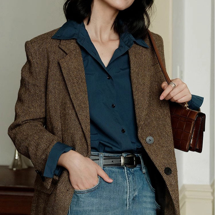 Women Elegant Herringbone Blazer Mune Fashion