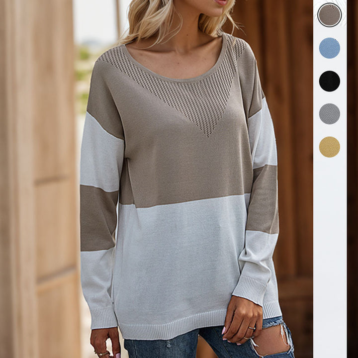 Women's Oversize Knitted Sweater with Round Neck, Eyelet Triangle and Block Stripes Mune Fashion