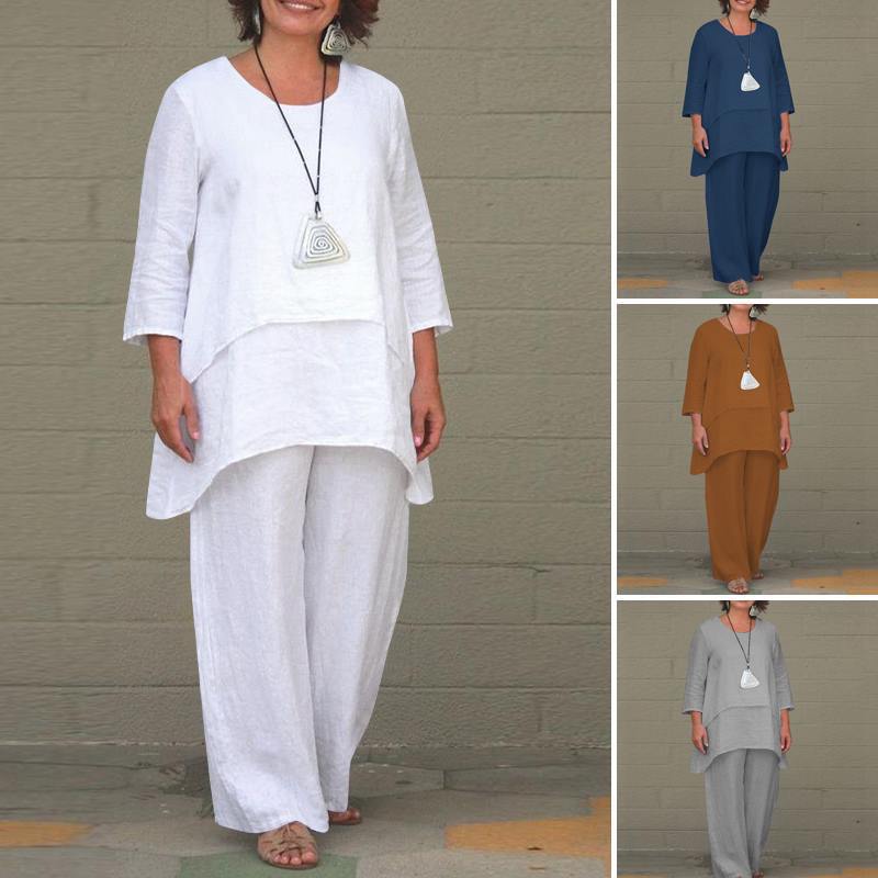 Women's Casual Two-Piece Linen Set with Oversized Tunic and Wide Palazzo Pants Mune Fashion