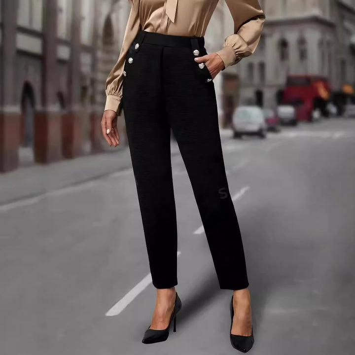 Women's High-Waisted Pleated Trousers with Decorative Buttons and Narrow Ankle Cut Mune Fashion