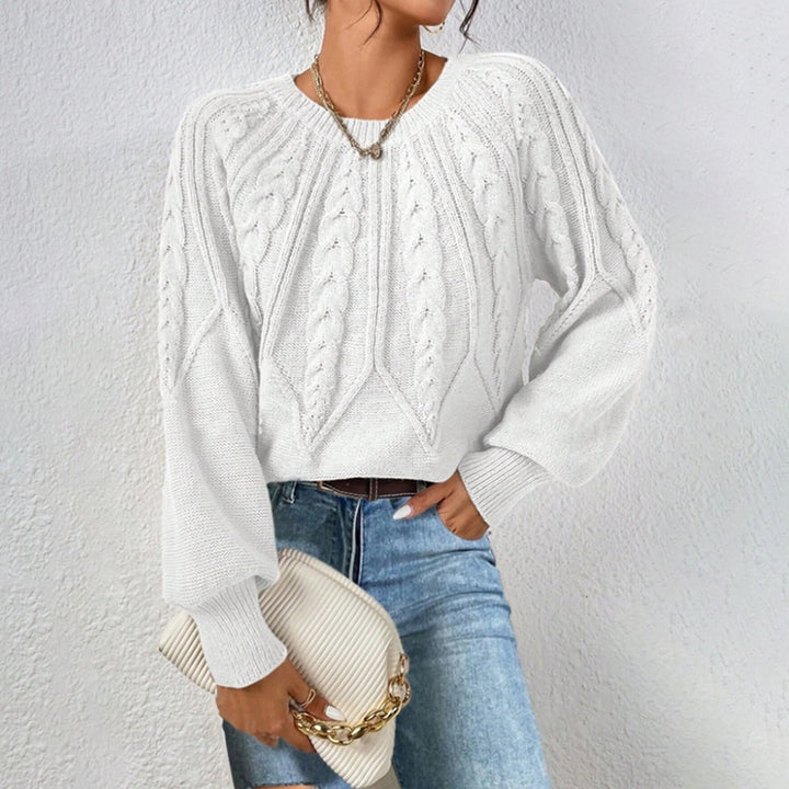 Women's short cable knit sweater with balloon sleeves and ribbed hem Mune Fashion