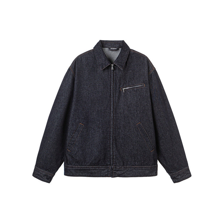 Men's Boxy Denim Jacket with Full Zip, Chest Zip Pocket and Shirt Collar Mune Fashion