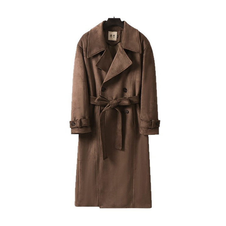 Men's double-breasted trench coat made of suede imitation with a waist belt and wide lapels Mune Fashion