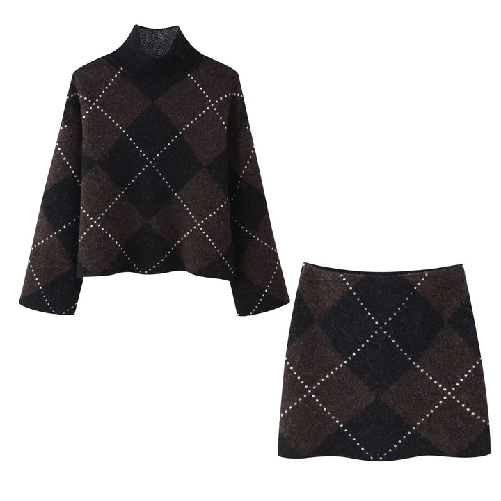 Women's Knit Set made of Turtle Neck Poncho and Mini Skirt with Argyle Pattern Mune Fashion