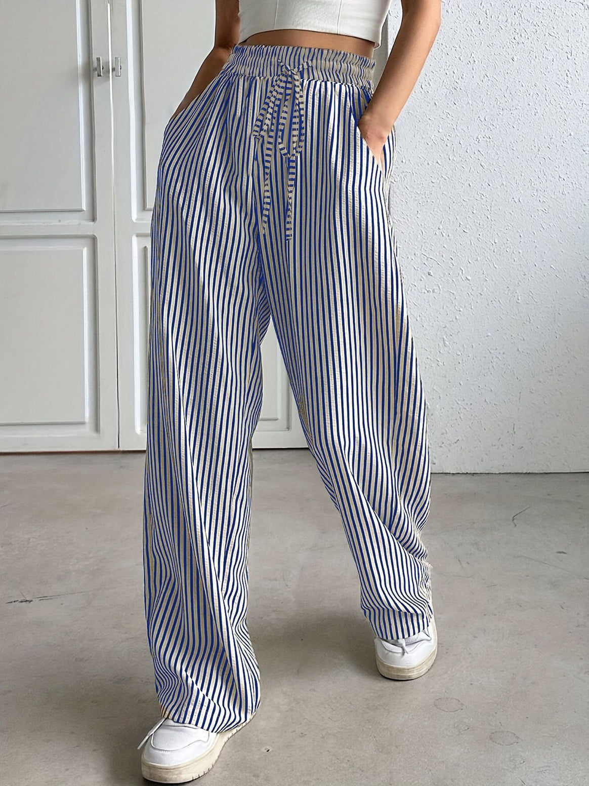 Women's Marlene striped pants made of linen blend with wide leg, elastic waistband and drawstring Mune Fashion