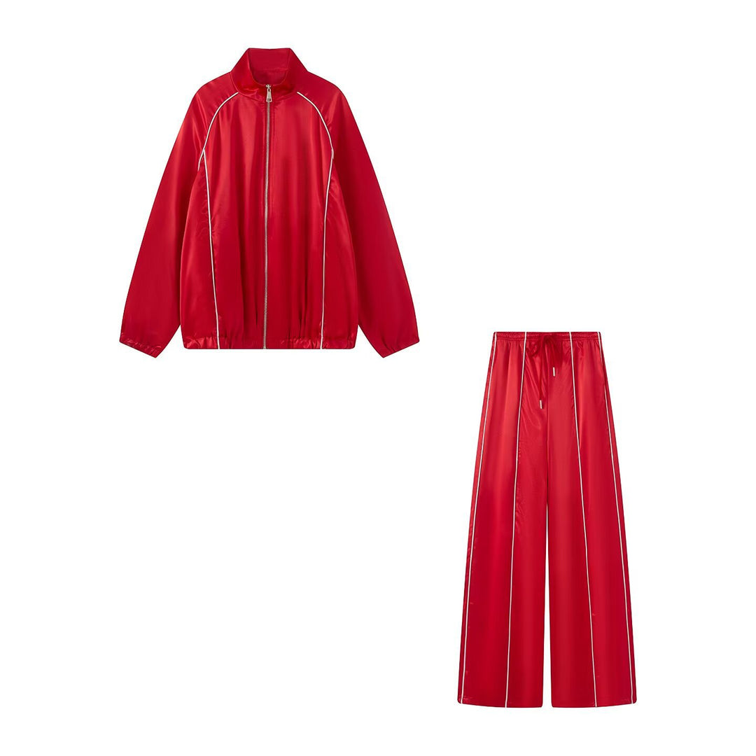 Women's Two-Piece Satin Training Set with Zip Jacket and Wide Track Pant Mune Fashion