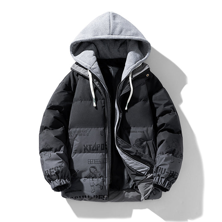 Men's quilted winter jacket with hood and print details Mune Fashion