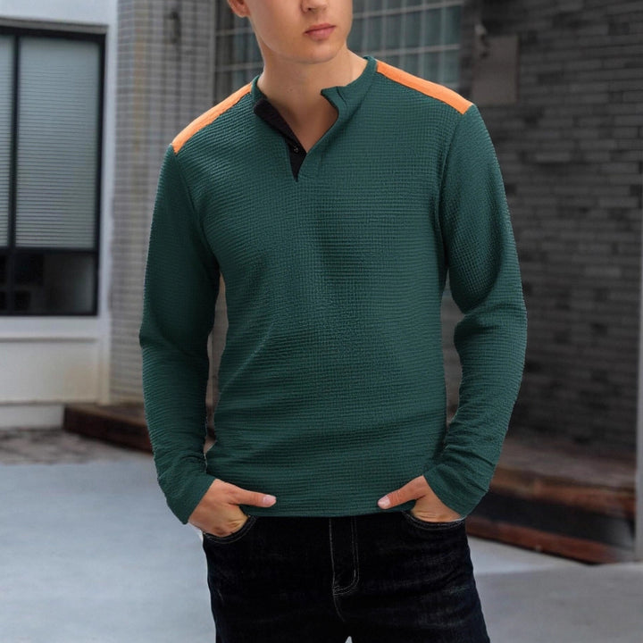 Men's structured Henley long-sleeve shirt with stand-up collar, shoulder piping, and waffle structure Mune Fashion