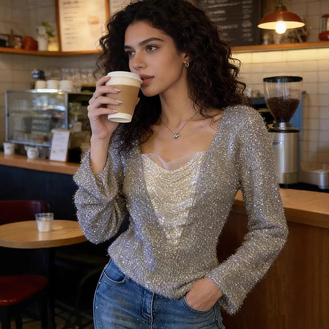 Women Fluffy Long Sleeve Shirt with Deep V-Neck and Glitter Insert Mune Fashion