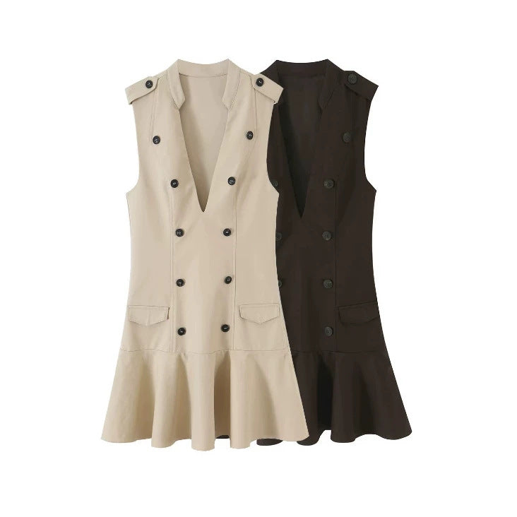 Women's sleeveless blazer dress in trench style with double-breasted button placket and flared hem Mune Fashion