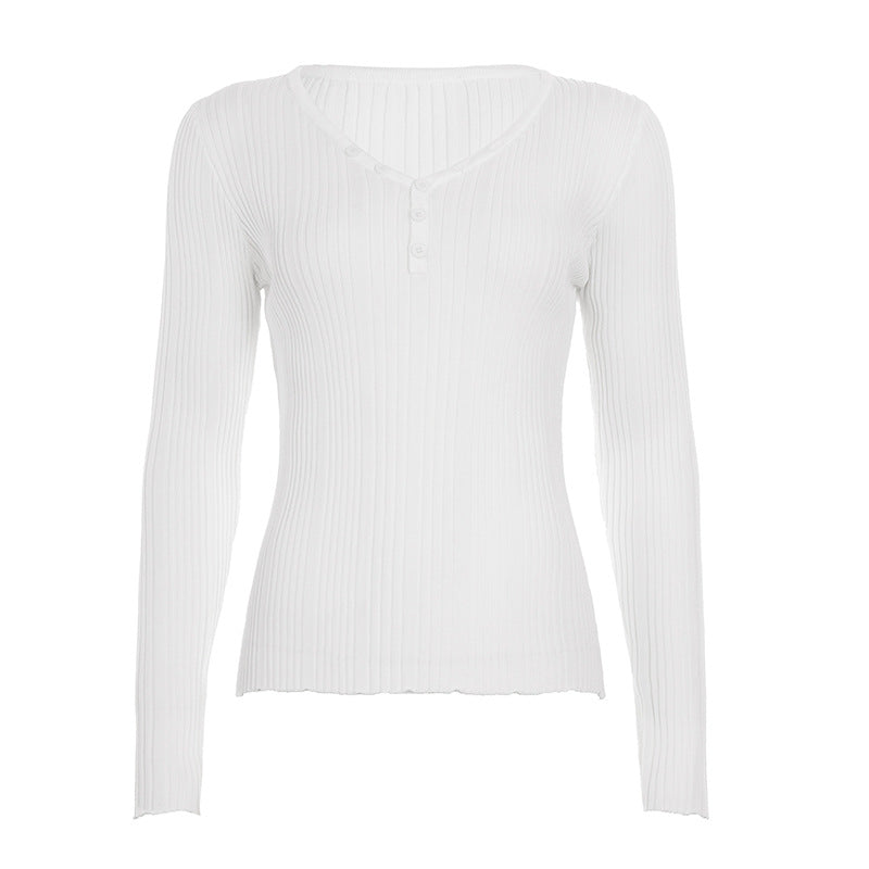 Women's fine-structured ribbed long sleeve with V-neck, Henley button placket, and tailored fit Mune Fashion