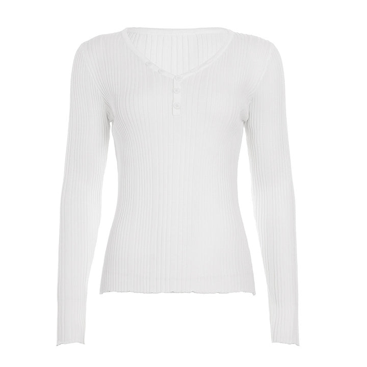 Women's fine-structured ribbed long sleeve with V-neck, Henley button placket, and tailored fit Mune Fashion