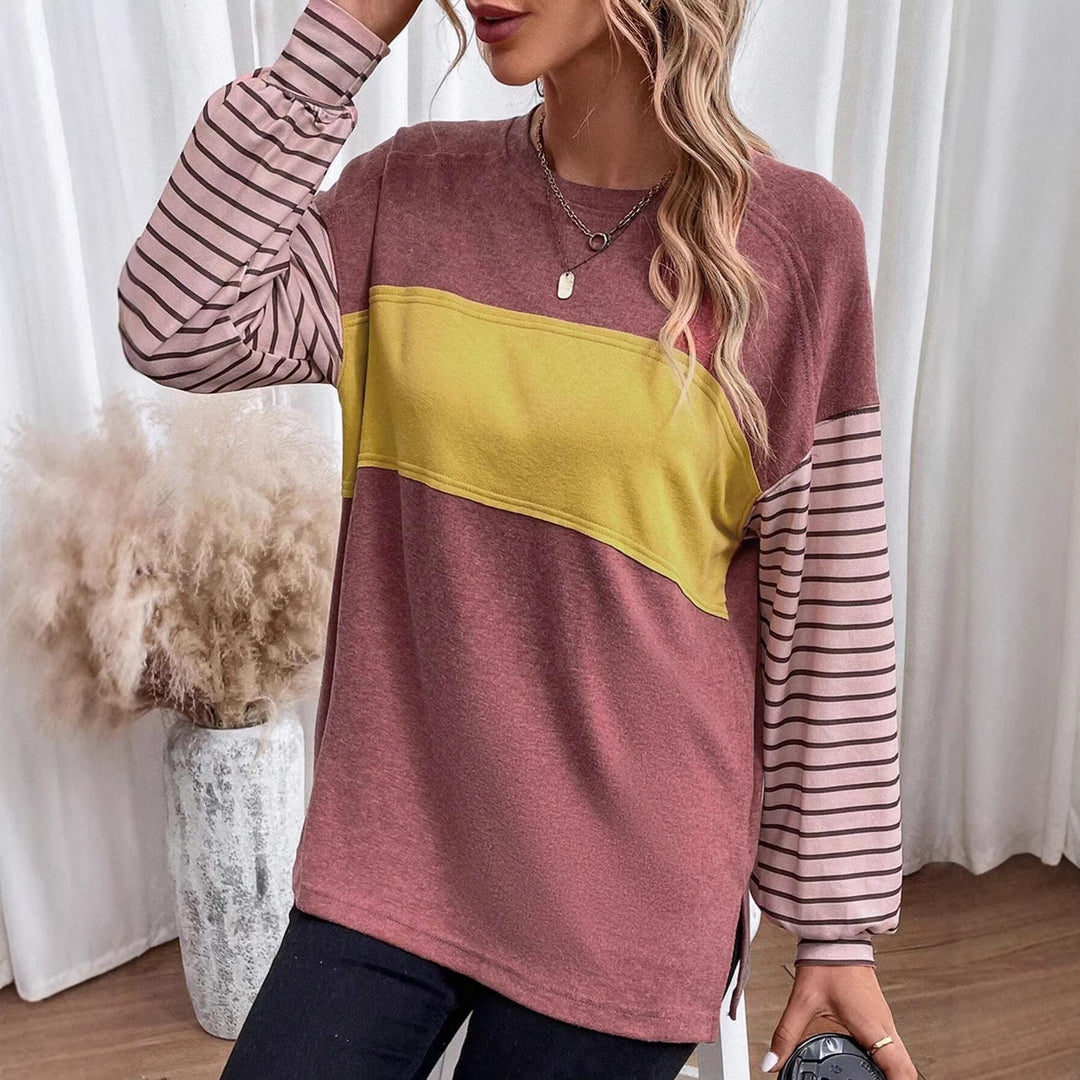Women's Oversize Long Sleeve with Color Block, Striped Sleeves and Round Neck Mune Fashion